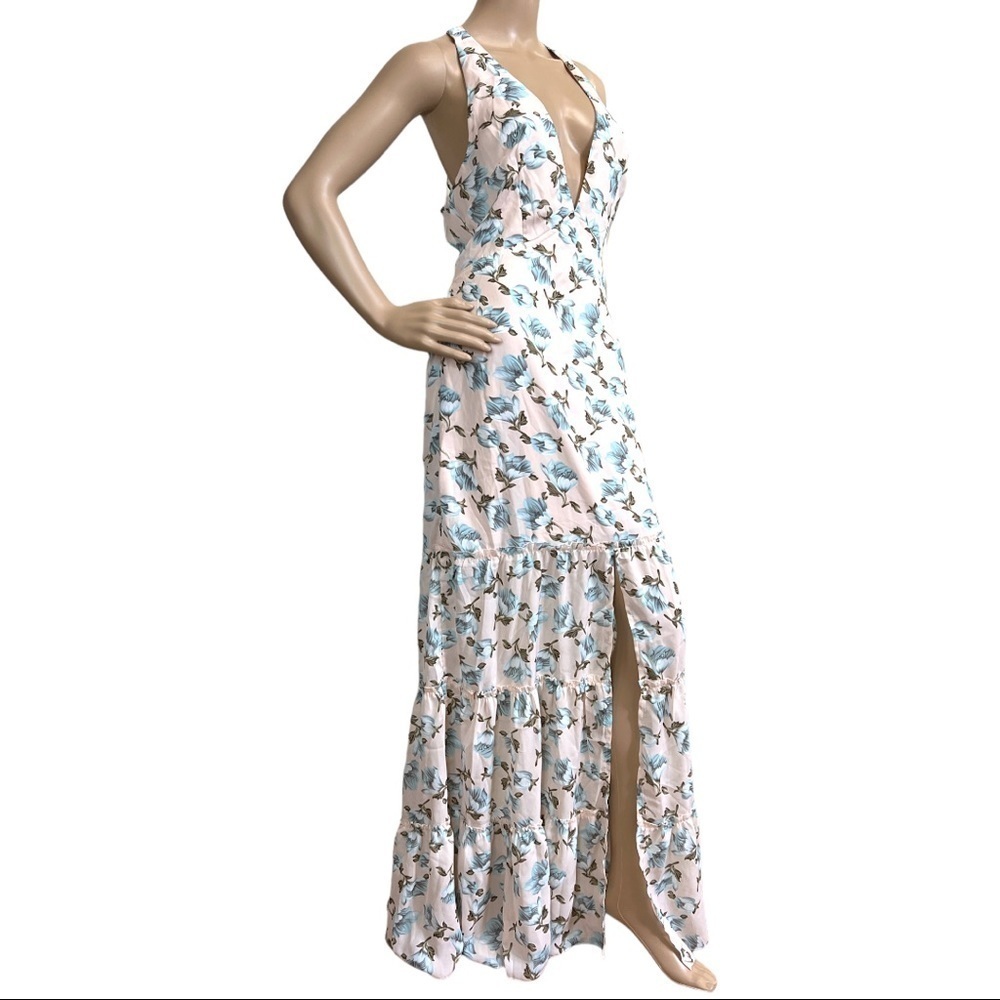 SOIEBLU WOMEN’S MAXI SLIT FLORAL RUFFLE HALTER V‎ NECK PINK DRESS SIZE L